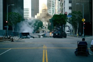 Filming a disaster scene at Wilshire and Hope in Los Angeles California 10